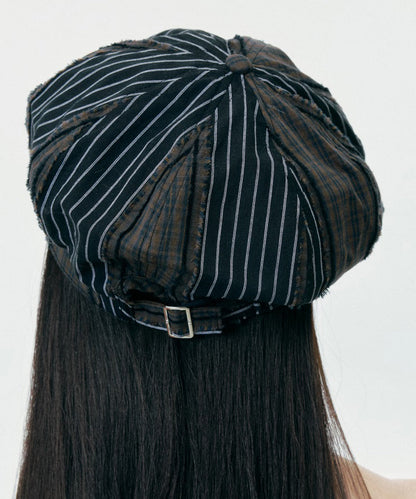 Korean Style Striped Patchwork Plaid Octagonal Breton Hat