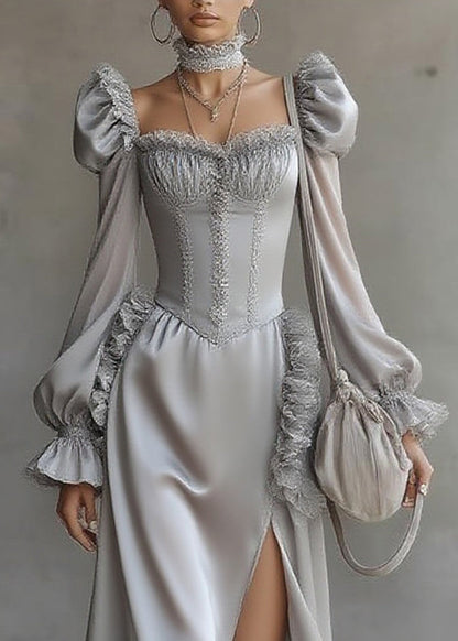 Fine Grey Ruffled Patchwork Chiffon Long Dresses Lantern Sleeve