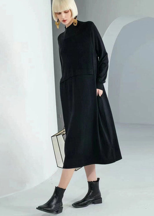 Bohemian Coffee Turtle Neck Patchwork Solid Wool Knit Sweater Dress Long Sleeve