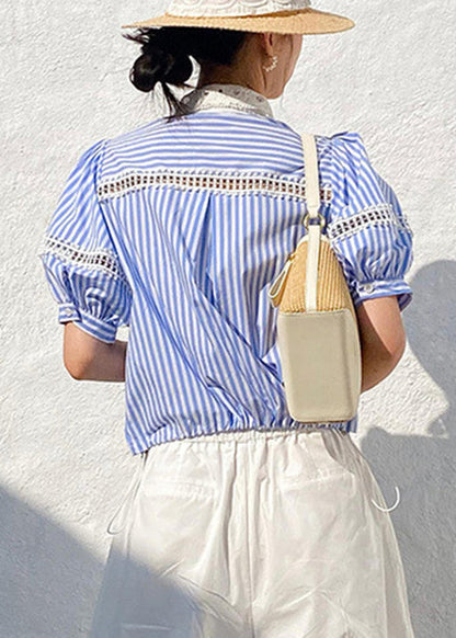 Fashion Blue Striped Hollow Out Cotton Blouses Summer