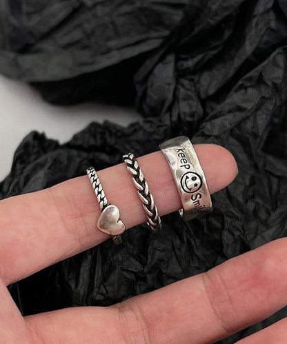 Boutique Silk Sterling Silver Love ,Smiling Face And Fried Dough Twists Rings Three-Piece Set