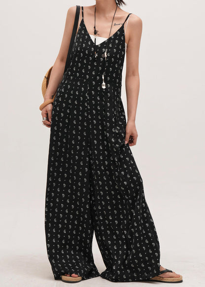 Bohemian Black Oversized Print Cotton Overalls Jumpsuit Summer