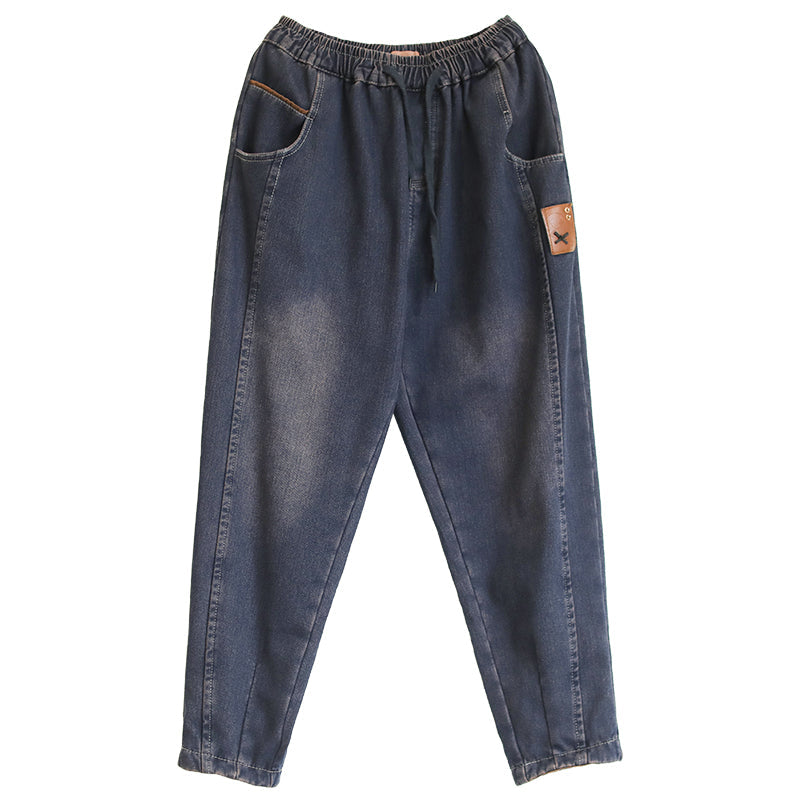 Women Retro Patchwork Winter Fur Harem Jeans