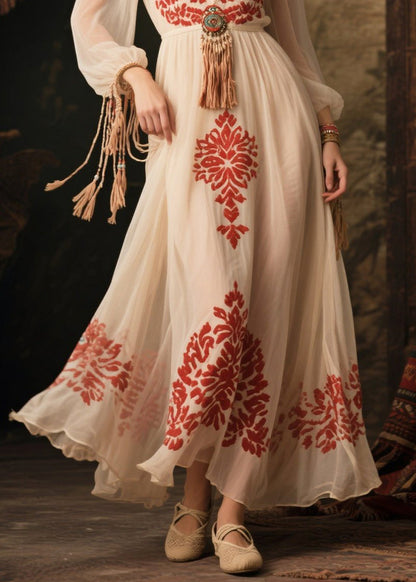 Women White Tasseled Print Chiffon Long Dress Fall