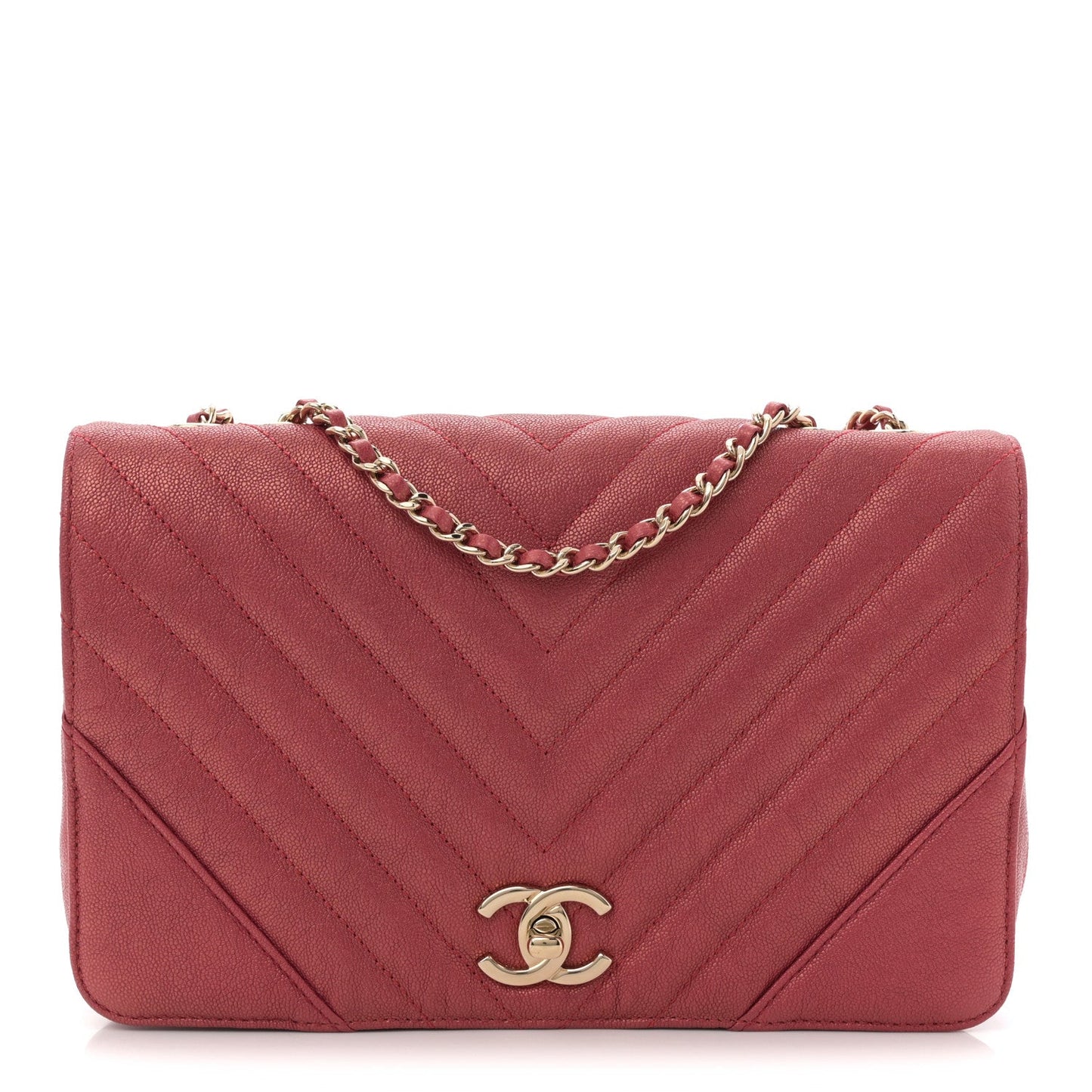 Metallic Caviar Chevron Quilted Medium Statement Flap Dark Pink