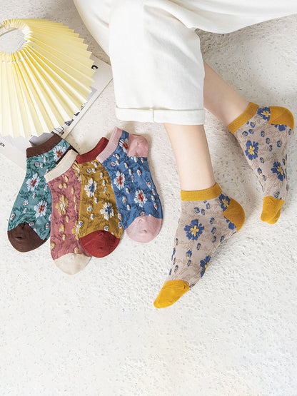5 Pairs Women Pure Cotton Floral Vintage Boat Socks