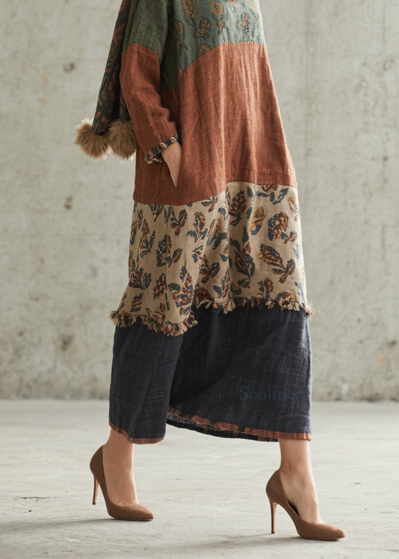 Plus Size Colorblock Print Patchwork Cotton Dresses Fall