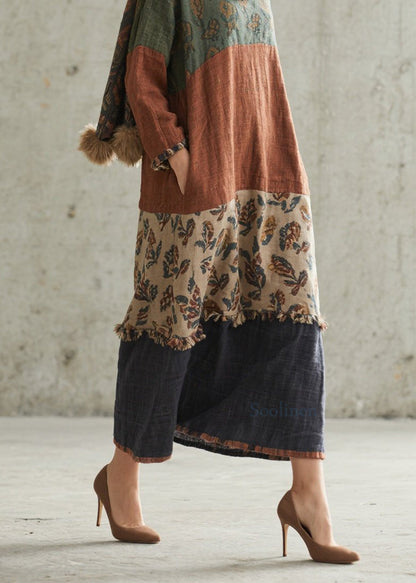 Plus Size Colorblock Print Patchwork Cotton Dresses Fall
