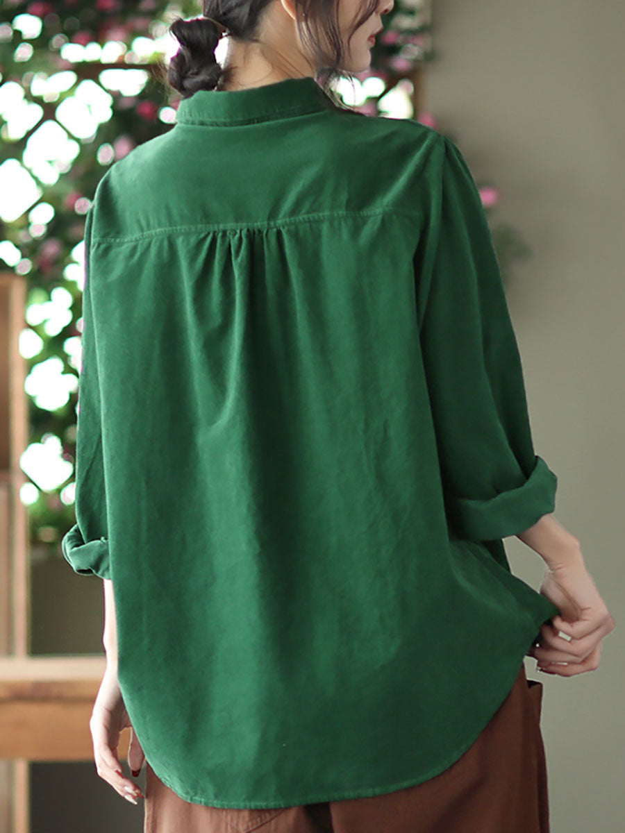 Women Spring Artsy Button Pocket Corduroy Solid T-shirt