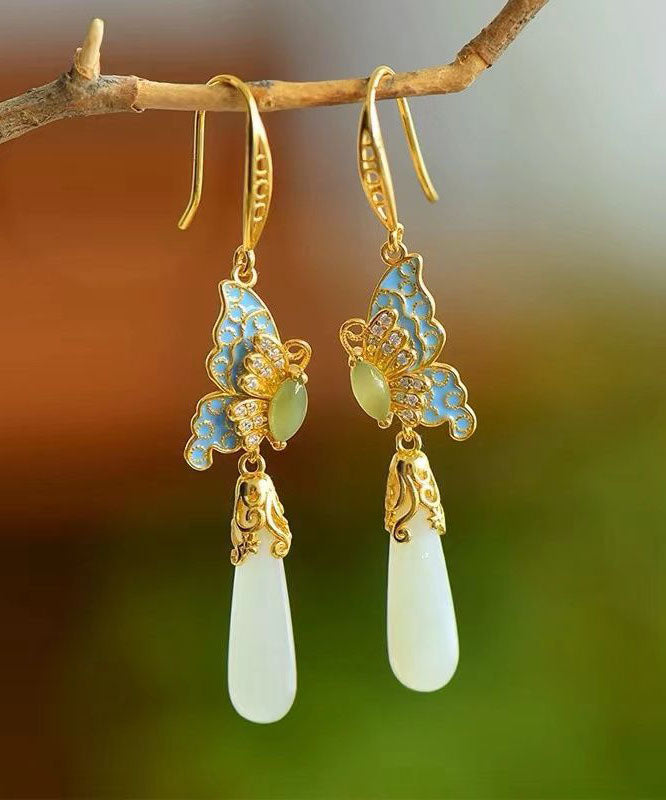 Vintage Gold Sterling Silver Overgild Zircon Jade Butterfly Drop Earrings