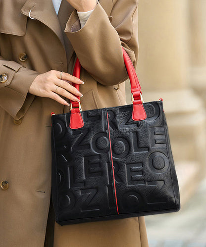 Classy Black Letter Embossed Calf Leather Tote Bag