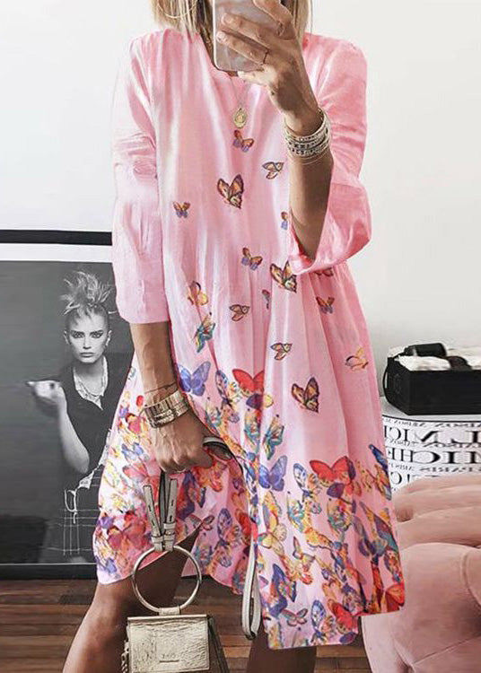 Bohemian Blue O Neck Butterfly Print Cotton Mid Dress Summer