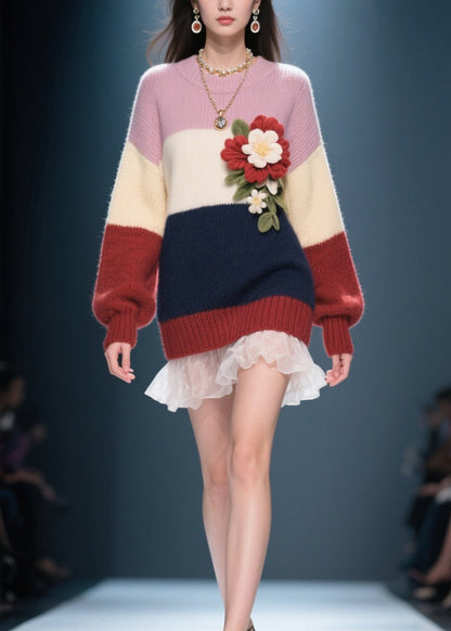 Chic Colorblock O Neck Floral Tulle Patchwork Knit Sweater Dress Fall