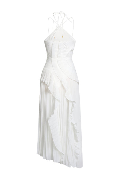 Pleated Frill Halter Neck Midi Dress