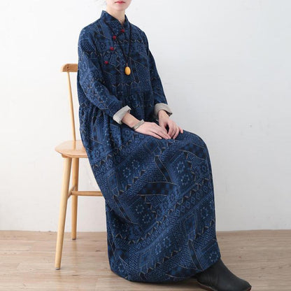 Blue Loose Vintage Button  Linen Print Dress