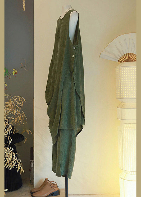 Women Green Asymmetrical Button Cotton Two Pieces Set Sleeveless