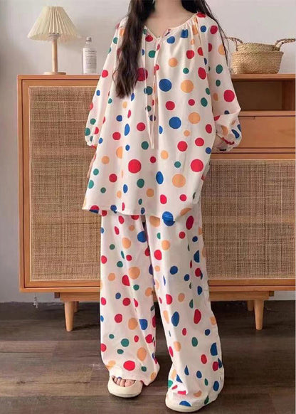 Stylish Dot Lace Up Cotton Tops And Pants Pajamas Two Pieces Set Fall