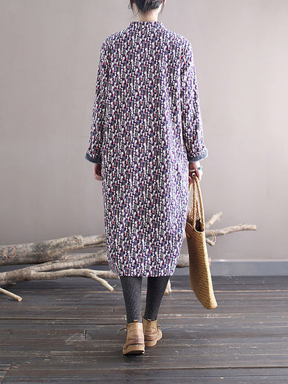 Women Winter Chinese Floral Print Frog Thick Long Dress