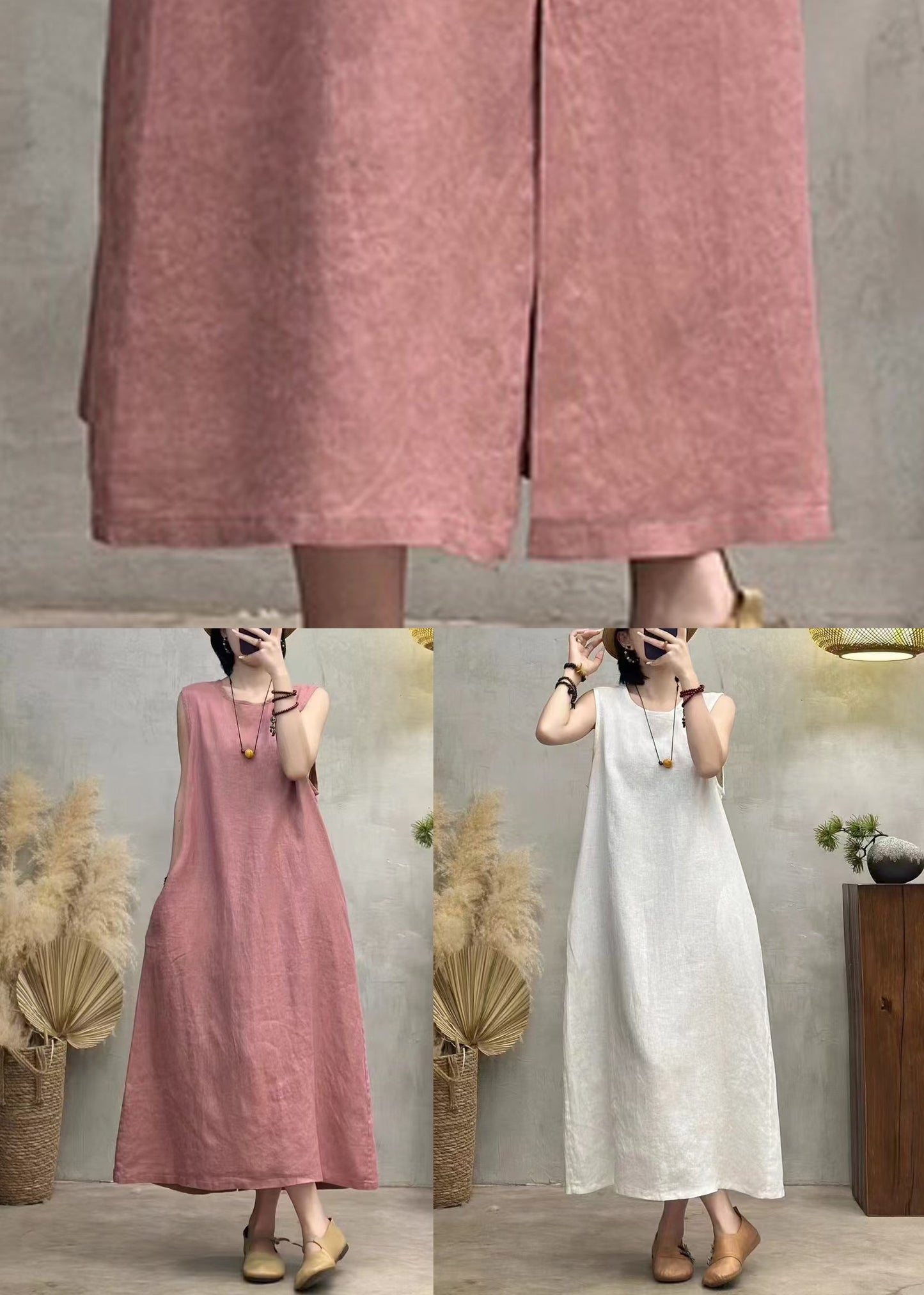 New White O Neck Pockets Solid Linen Long Dress Sleeveless
