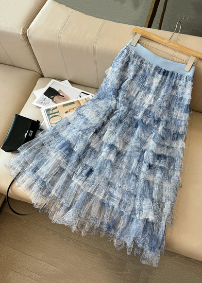 Chic Blue Tie Dye Layered Tulle Skirt Summer