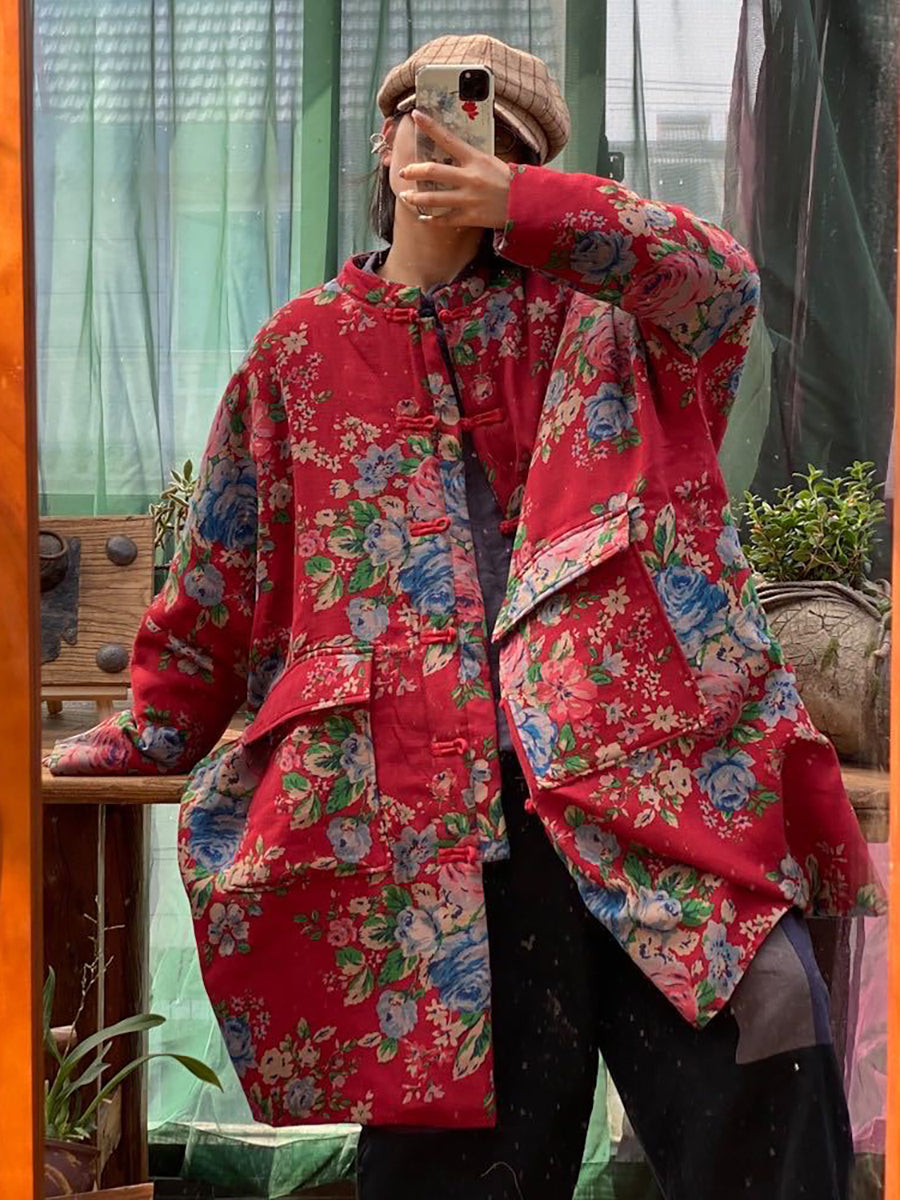 Oversize Women Pockets Print Cotton Coat