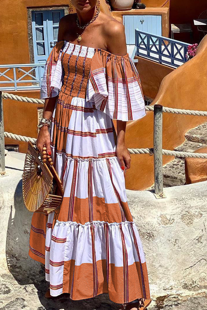 Fashion Print Patchwork Off the Shoulder Cake  Dresses(3 Colors)