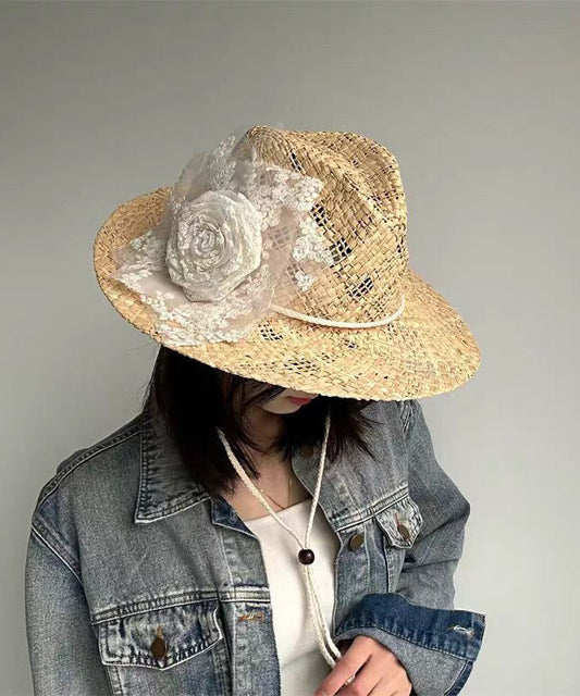 Handmade Original Lace Flower Hollow Out Straw Woven Cowboy Hat