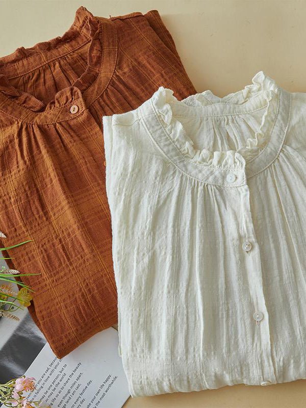 100% Linen Stand Collar Loose Solid Shirt In One-Size