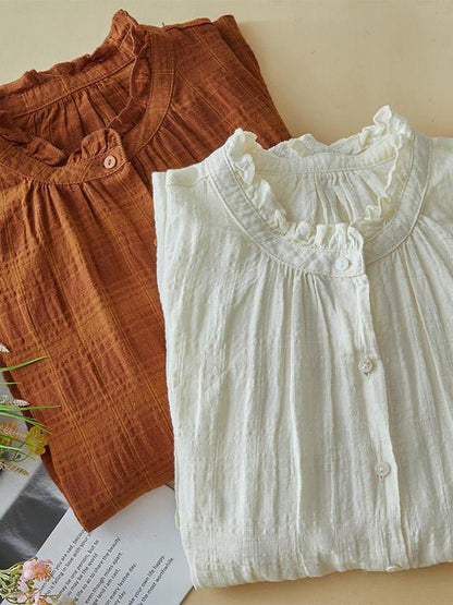 100% Linen Stand Collar Loose Solid Shirt In One-Size