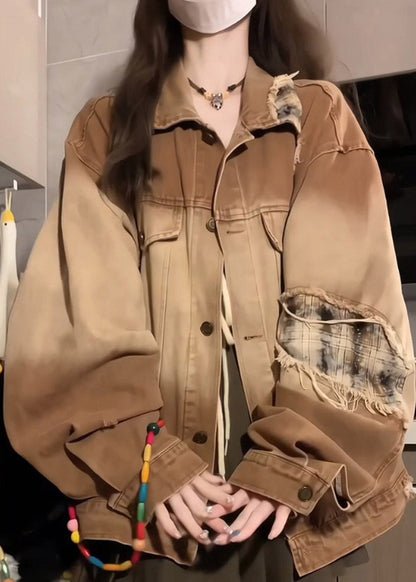 Vintage Khaki Peter Pan Collar Pockets Patchwork Patch Denim Coat Lantern Sleeve