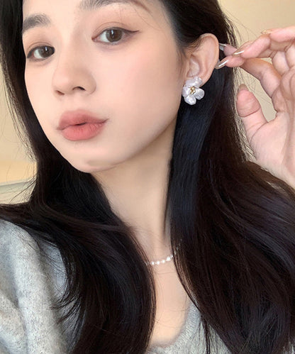 Elegant White Copper Alloy Pearl Floral Stud Earrings