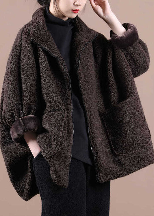 Coffee Warm Teddy Faux Fur Loose Coats Zip Up Solid Batwing Sleeve
