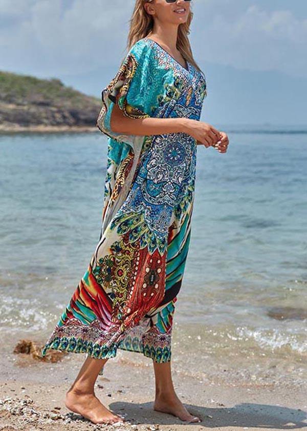 Elegant Blue Print Cotton V Neck Beach Gown Ankle Dress
