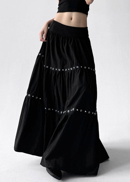 Women Black Wrinkled Patchwork Elastic Waist Cotton A Line Skirts Summer