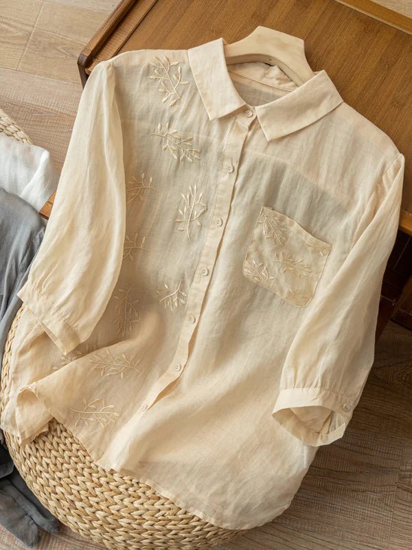 Embroidered 3/4 Sleeve Casual Linen Shirt Top With A Patch Pocket