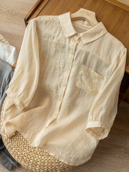 Embroidered 3/4 Sleeve Casual Linen Shirt Top With A Patch Pocket