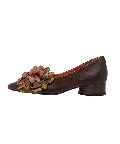 2025 New Brown Flower Cowhide Leather Chunky Heel Shoes