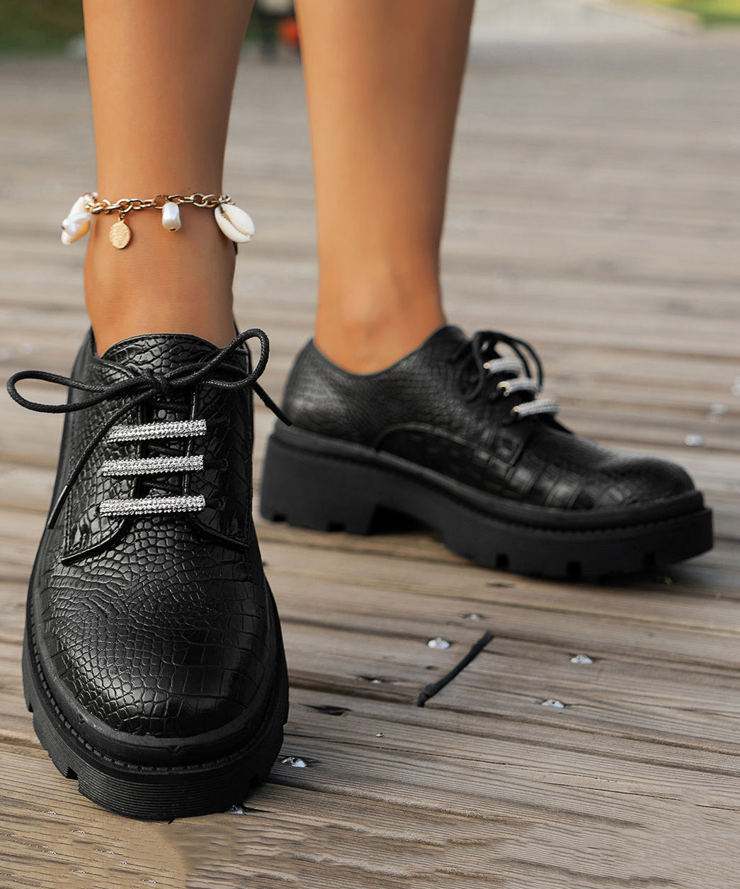 New Black Round Head Lace Up Faux Leather