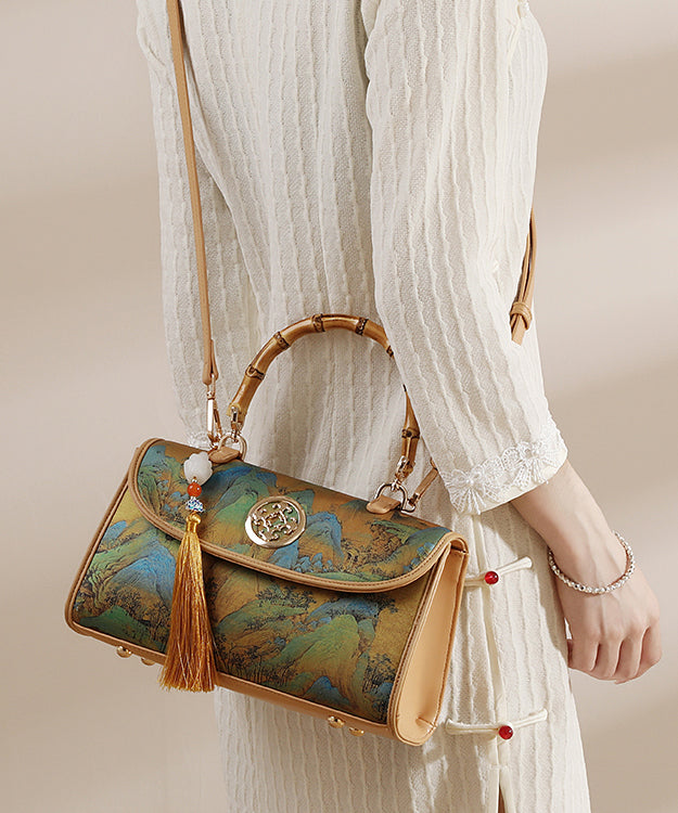 New Chinese Style Tassel Print Calf Leather Tote Bag