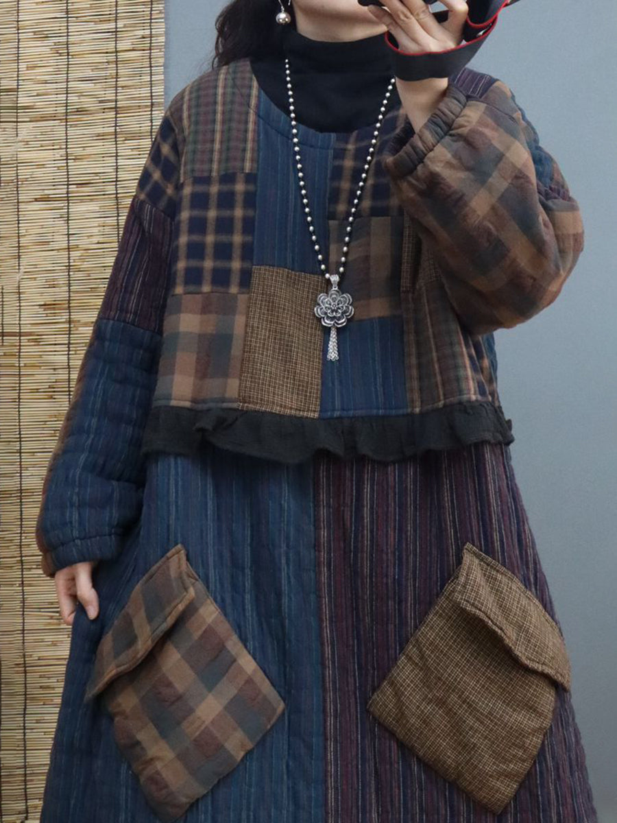Women Thick Plaid Large Pocket Round Neck Padded Dress
