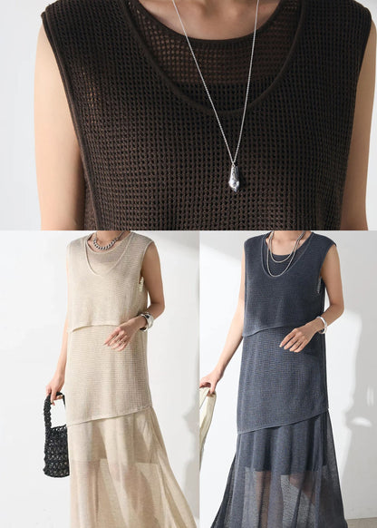 Casual Navy Hollow Out Sheer Tulle Women Sets 2 Pieces Sleeveless
