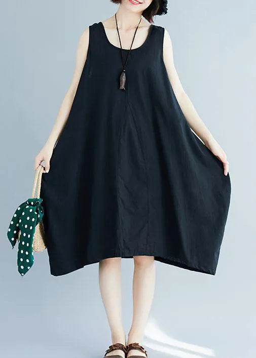 Chic black o neck linen quilting dresses sleeveless Plus Size Clothing summer Dress