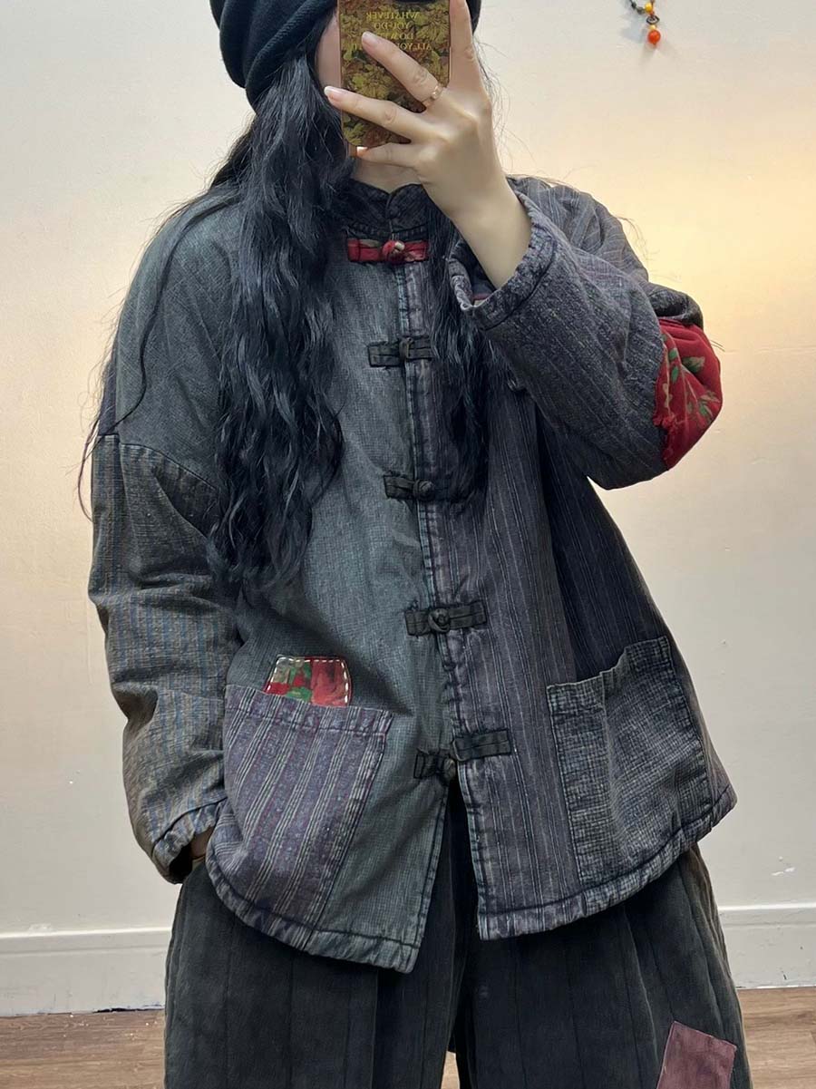 Women Irregular Print Chinese Style Cotton Coat