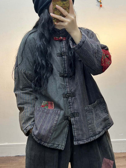 Women Irregular Print Chinese Style Cotton Coat