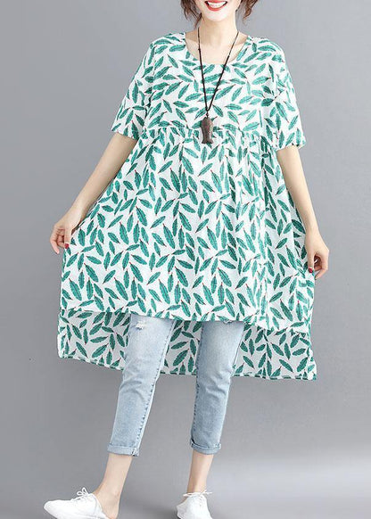 Handmade o neck asymmetric cotton linen dresses green print Dresses summer