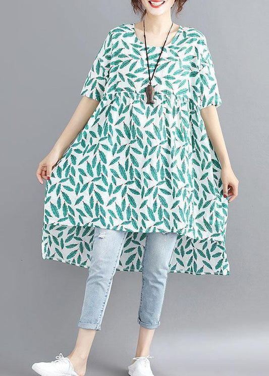 Handmade o neck asymmetric cotton linen dresses green print Dresses summer
