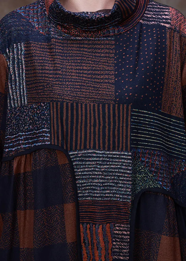Plus Size Coffee Turtleneck Plaid Patchwork Velour Maxi Dress Long Sleeve