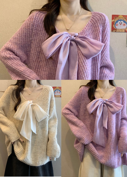 Elegant Lavender Oversized Bow Knit Cozy Sweaters Winter