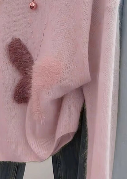 Fashion Pink Oversized Butterfly Knit Short Sweater Spring