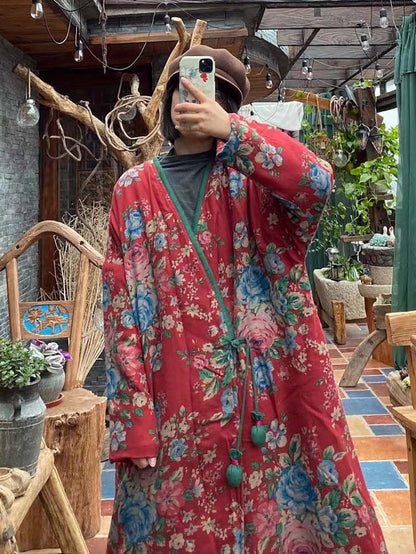 Women Floral Print Ethnic Button Shawl Coat